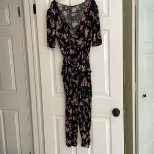 Black floral jumpsuit with adjustable belt